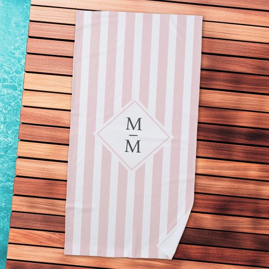 Serviette De Plage Initiales monogrammes rayures blanches pâles rose