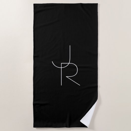 Serviette De Plage Initiales superposées Modern 2 | Blanc sur Noir (Devant)