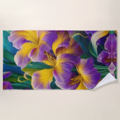 Serviette De Plage Iris Floral Pourpre et or feuilles bleu vert (Devant)