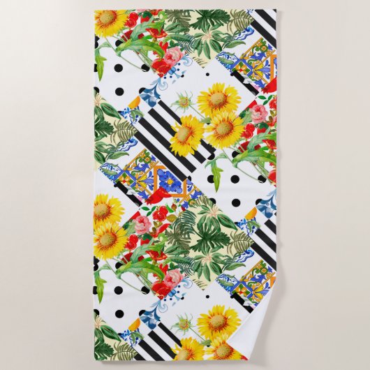 Serviette De Plage italien, art sicilien, patchwork, Fleurs d'été (Devant)