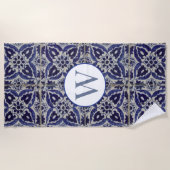 Serviette De Plage Italien Azulejo Bleu Blanc Géométrique Monogramme (Devant)