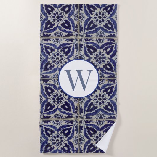 Serviette De Plage Italien Azulejo Bleu Blanc Géométrique Monogramme (Devant)