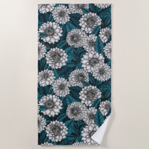 Serviette De Plage Jardin blanc Dahlia / feuilles bleus 2