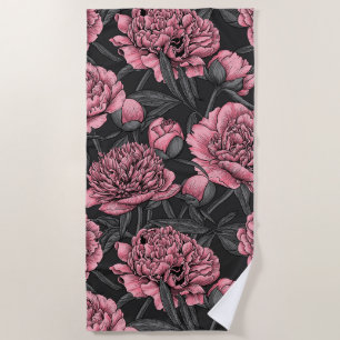 Serviette De Plage Jardin de pivoine nocturne rose et gris