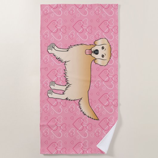 Serviette De Plage Jaune Golden Retriever Dessin Chien Sur Coeur Rose (Devant)