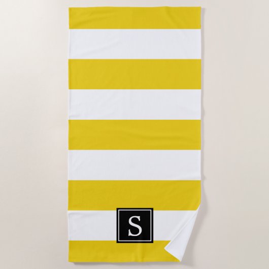 Serviette De Plage Jaune, Motif rayé, Lignes, Monogramme (Devant)