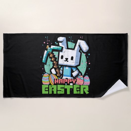 Serviette De Plage Jeu de pixels de lapin de Pâques heureux  (Devant)