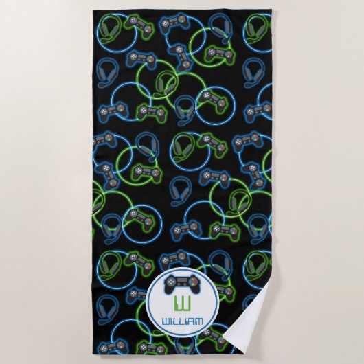 Serviette De Plage Jeu vidéo Neon Blue & Green Motif Monogramme (Devant)