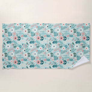 Serviette De Plage Joli bleu et rose pastel Fleurs d'Art folklorique