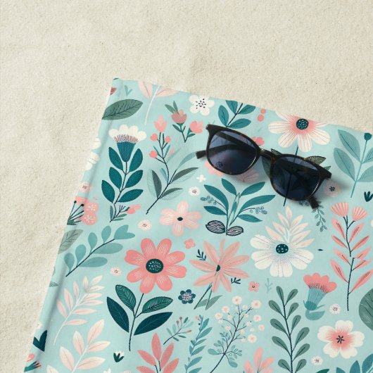 Serviette De Plage Joli bleu et rose pastel Fleurs d'Art folklorique (En situation)