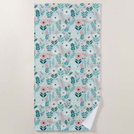 Serviette De Plage Joli bleu et rose pastel Fleurs d'Art folklorique (Devant)