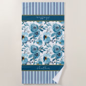 Serviette De Plage Joli bleu floral rayé Personnalisé (Devant)