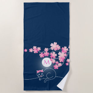 Serviette De Plage Joli cerisier de chat en fleurs Nuit bleue Sakura