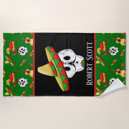 Serviette De Plage Joli crâne mexicain ajouter nom (Devant)