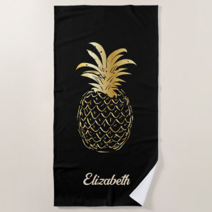 Serviette De Plage Joli fille doré et ananas noir - Personnalisé