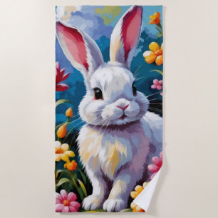 Serviette De Plage Joli Lapin Blanc Entouré de Fleurs Vibrantes