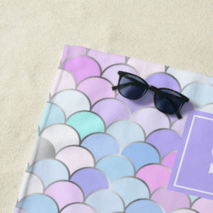 Serviette De Plage Joli Monogramme à Écailles de Sirène Rose Violet F