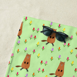Serviette De Plage Joli motif de fleurs de tulipe et de marmotte
