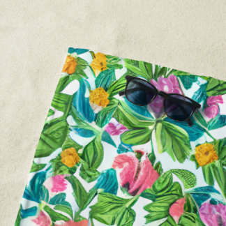 Serviette De Plage Joli motif de fleurs d'été colorées vert rose 