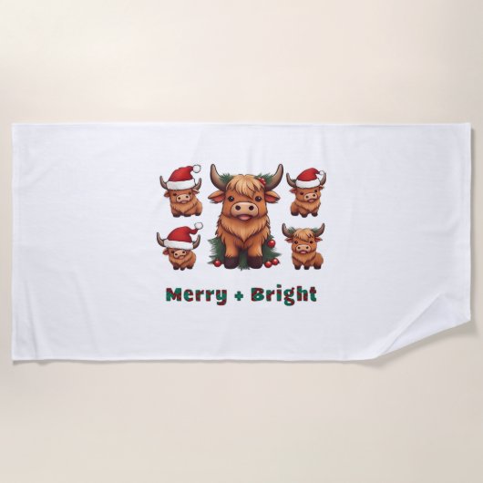 Serviette De Plage Joli Noël de vache Highland Joyeux et brillant, Sc (Devant)