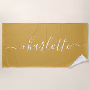 Serviette De Plage Joli nom de script tendance personnalisé jaune pou