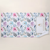 Serviette De Plage Joli Pastel Blue Aquarelle Fleurs Monogramme  (Devant)