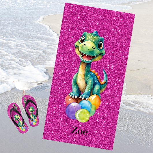 Serviette De Plage Joli petit dinosaure avec beaucoup de ballons colo