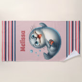 Serviette De Plage Joli phoque océanique ajouter nom (Devant)