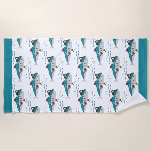 Serviette De Plage Joli requin Turquoise Pirate Waves Seamless Motif (Devant)