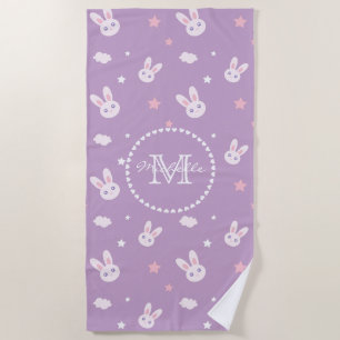 Serviette De Plage Jolie fille lapin rose lapin Nom Pastel Monogramme