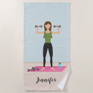 Serviette De Plage Jolie fille levant des poids & Nom personnalisé Fi