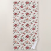 Serviette De Plage Jolie Fleur Rouge Crème Chic  (Devant)