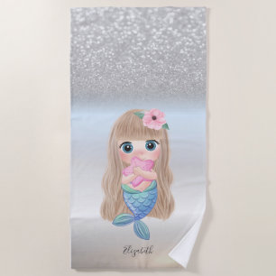 Serviette De Plage Jolie Pailleté Argenté Bokeh Sirène Étoile Féminin
