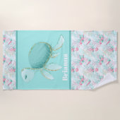 Serviette De Plage Jolie plage mer tortue ajouter nom (Devant)