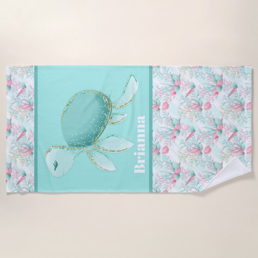 Serviette De Plage Jolie plage mer tortue ajouter nom (Devant)