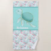 Serviette De Plage Jolie plage mer tortue ajouter nom (Devant)