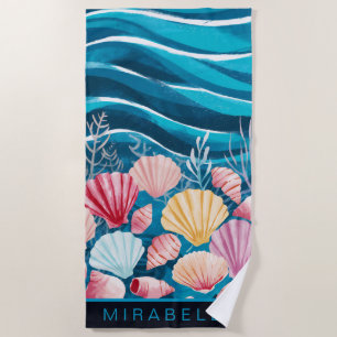 Serviette De Plage Jolies coquillages & Vagues Bleues Personnalisées
