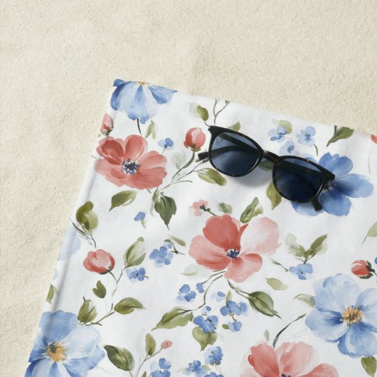 Serviette De Plage Jolies Fleurs Bleues Rouges (En situation)
