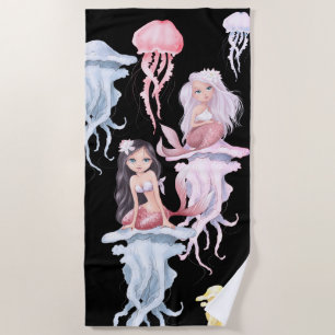 Serviette De Plage Jolies sirènes et méduses sous la mer