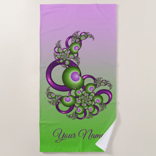 Serviette De Plage Jolis cœurs verts roses modernes Fractale Nom (Devant)