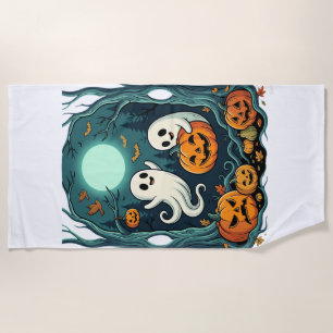 Serviette De Plage Jolis fantômes d'Halloween et forêt de citrouilles