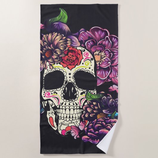Serviette De Plage Jour du crâne mort avec des fleurs (Devant)