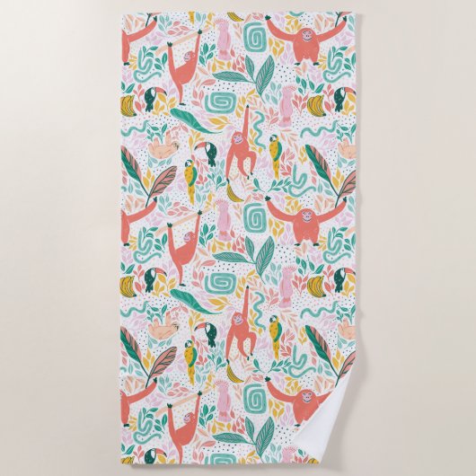 Serviette De Plage Joyeux Motif animal de la jungle Feuilles tropicau (Devant)