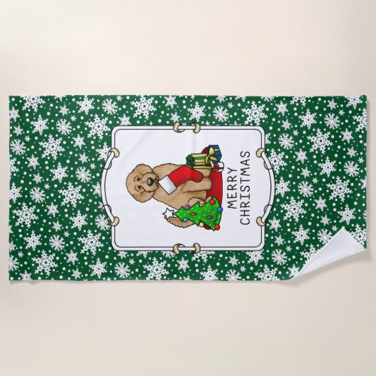Serviette De Plage Joyeux Noël 2 Goldendoodle (rouge doré) mignonne (Devant)