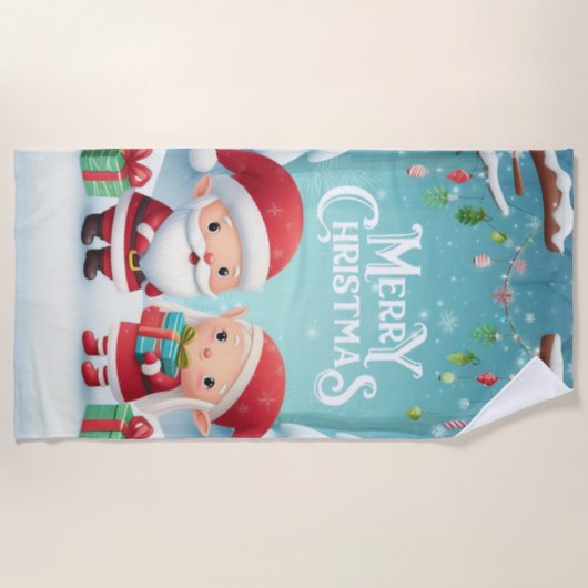 Serviette De Plage Joyeux Noël/père Noël/neige elfes (Devant)