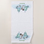 Serviette De Plage Joyeux Noël ! Snowman avec chat et chiot (Devant)