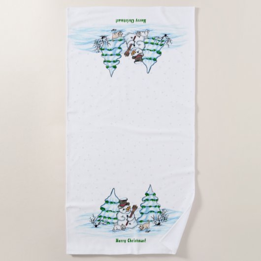 Serviette De Plage Joyeux Noël ! Snowman avec chat et chiot (Devant)
