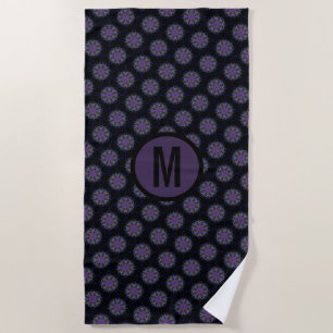 Serviette De Plage Kaleidoscopie noire violette Conception Monogramme