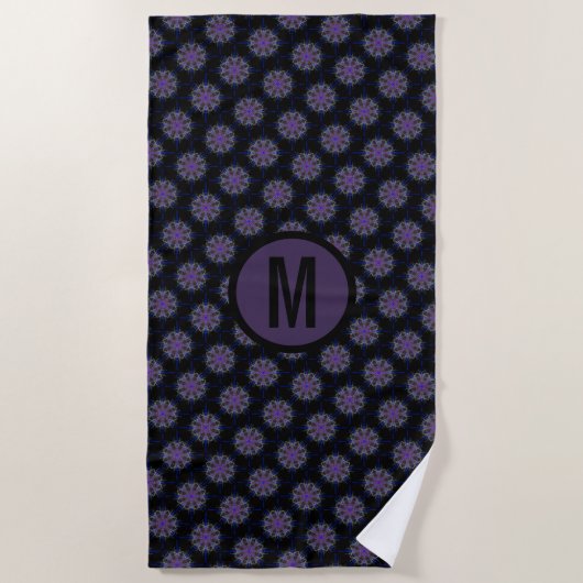 Serviette De Plage Kaleidoscopie noire violette Conception Monogramme (Devant)