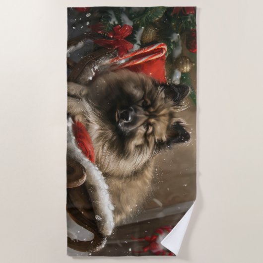 Serviette De Plage keeshond Festive de Noël de chien (Devant)